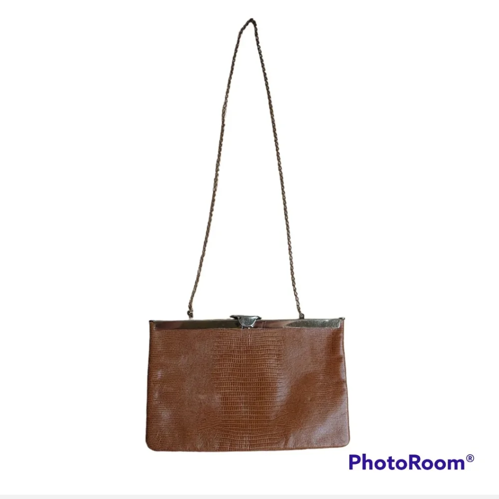 Vtg 60s Etra Lizard Leather Brown Clutch Purse Flat Shoulder Bag Gold Chain